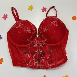 CCO Victoria's Secret Very Sexy Red Floral Embroidered Push Up Bustier 32D